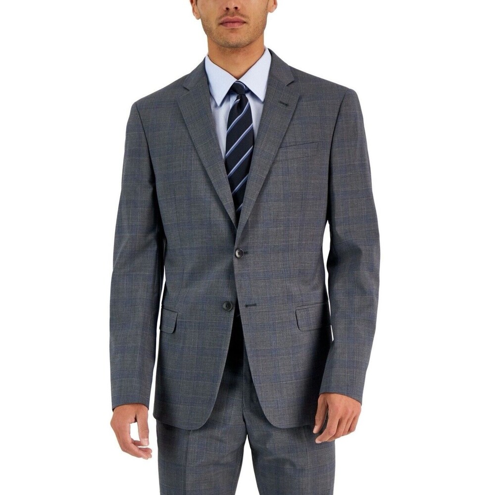 AX Armani Exchange Mens Slim-Fit Check Pattern Wool Gray Suit Jacket 36S